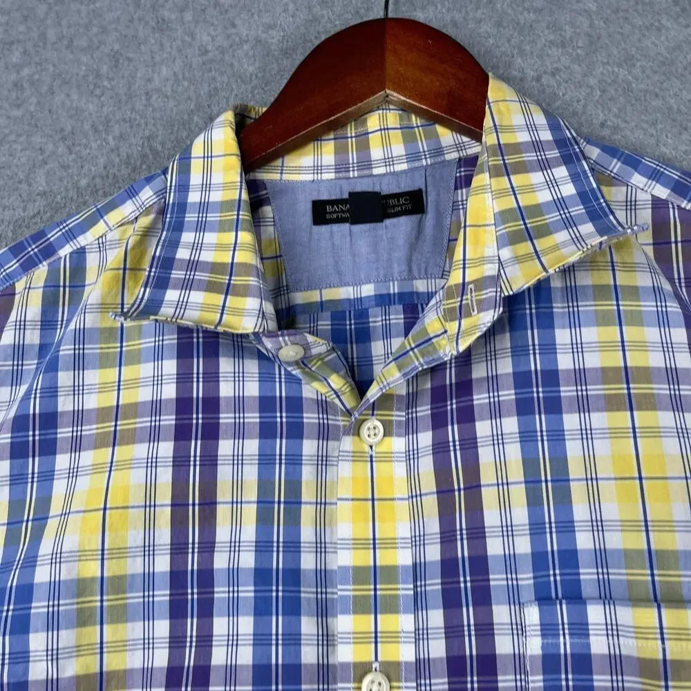 Banana Republic Shirt Slim Plaid Colorful Button Up Long Sleeve Mens XL *SEE